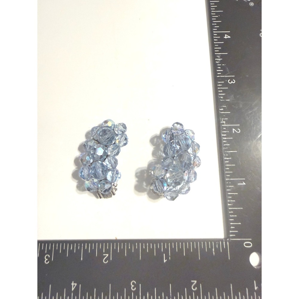 Vintage Blue AB Faceted Glass Bead Cluster Clip On Earrings Silver Tone Crescent
